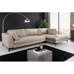 Invicta SIGNUM Kanapa narożna 3-osobowa z pufą prawa aksamit taupe 313 x 110 x 103cm / 44538