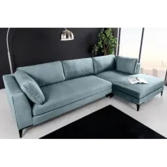 Invicta SIGNUM Kanapa narożna 3-osobowa z pufą prawa aksamit turkus 313 x 110 x 103cm / 44535