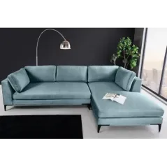 Invicta SIGNUM Kanapa narożna 3-osobowa z pufą prawa aksamit turkus 313 x 110 x 103cm / 44535