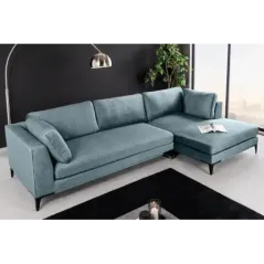 Invicta SIGNUM Kanapa narożna 3-osobowa z pufą prawa aksamit turkus 313 x 110 x 103cm / 44535