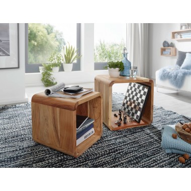 WOHNLING 2er Set Nesting tables Solid-wood Acacia Living table country style table Cubes Cube Shelf Nature