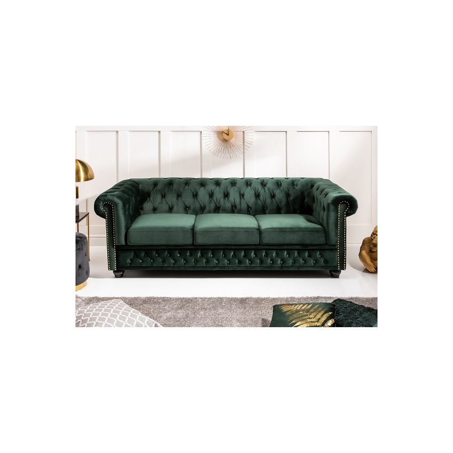Invicta CHESTERFIELD Sofa 3 osobowa zielony aksamit 205 x 73 x 87cm / 40483