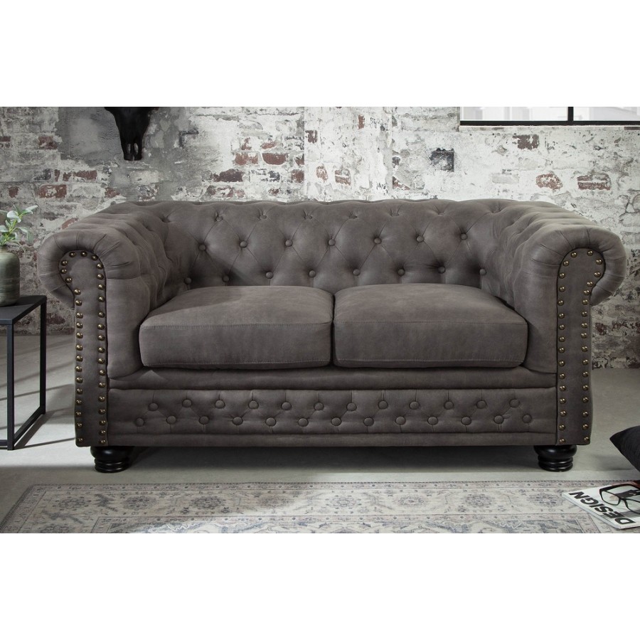 Invicta CHESTERFIELD Sofa 2 osobowa mikrofibra vintage szara 145 x 70 x 86cm / 40518