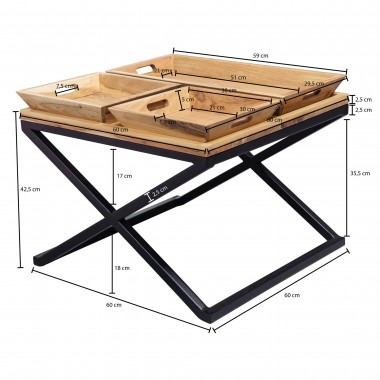 Stolik kawowy WOHNLING z 3 tacami lite drewno 60cm