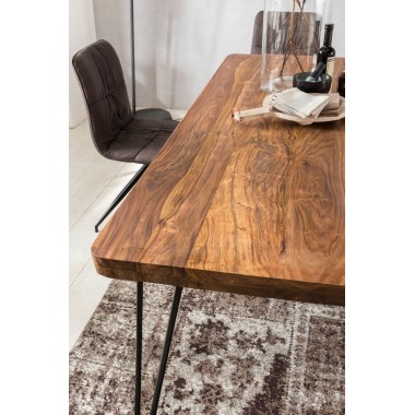 WOHNLING dining table solid wood Sheesham 120cm dining table wooden table Metal legs kitchen table Landhaus dark-brown