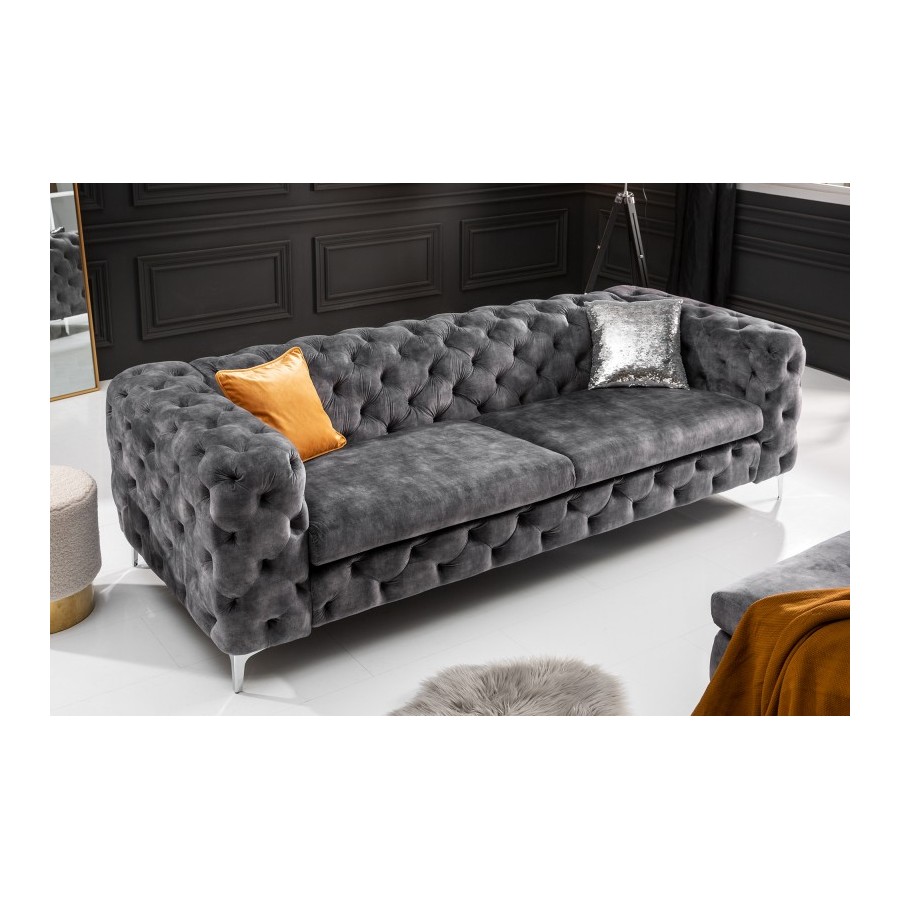 Invicta Chesterfield Sofa 3-osobowa MODERN BAROCK ciemnoszary aksamit 240cm / 41134
