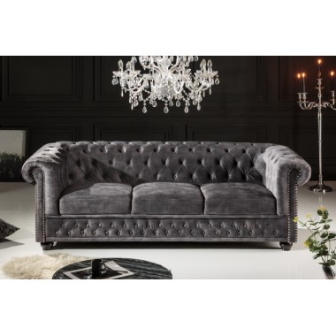 Invicta CHESTERFIELD Sofa 3 osobowa szary aksamit 205 x 73 x 85cm / 41215