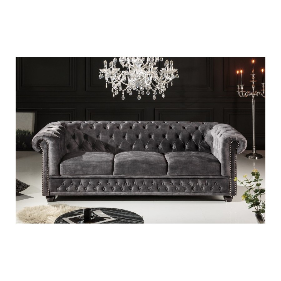 Invicta CHESTERFIELD Sofa 3 osobowa szary aksamit 205 x 73 x 85cm / 41215 Invicta CHESTERFIELD Sofa 3 osobowa szary aksamit 205 x 73 x 85cm / 41215