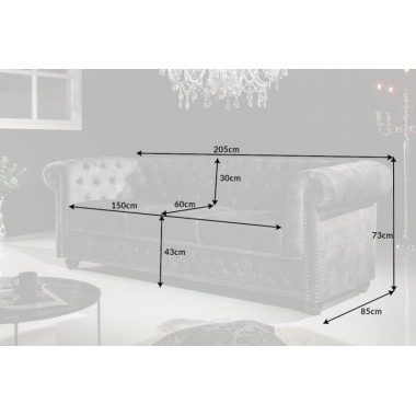 Invicta CHESTERFIELD Sofa 3 osobowa szary aksamit 205 x 73 x 85cm / 41215
