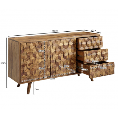 WOHNLING Komoda z litego drewna SHEESHAM efekt 3D 117cm / WL6.563