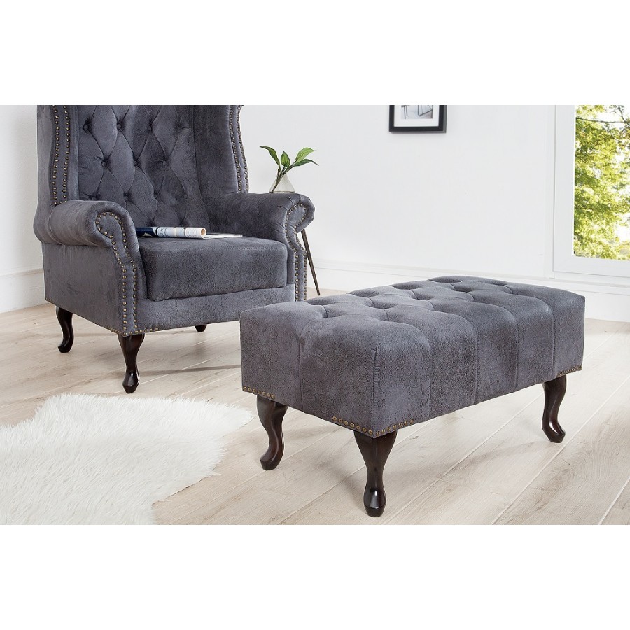 Invicta CHESTERFIELD Podnóżek antyczny szary aksamit 80 x 40 x 45cm / 37474