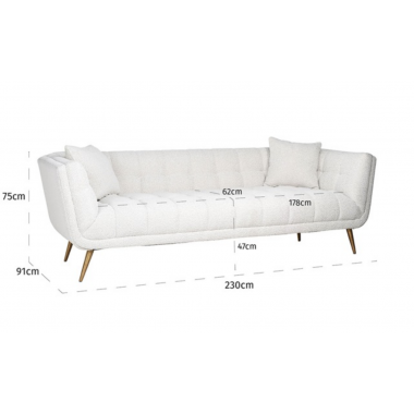 Sofa tapicerowana HUXLEY biały bouclé szczotkowane złoto 230cm / S5126 WHITE BOUCLÉ